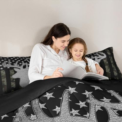 American Flag Queen Comforter Set,Army Green Camouflage Grey Antlers Down Comforter for Man Adult,Camo Deer Hunting Animal Camper Bedding Set Stars Stripes USA Flag Quilt,Farmhouse Style