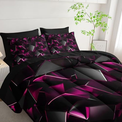 Nttopship Black and Pink Geometric Comforter Set Twin Size 7PCS,Abstract Triangular Printed Bedding Set for Adults,Geometric Mordern Art Decor All Seasons with Pillowcases,Flat, Fitted Sheet