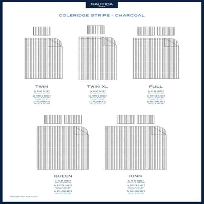 Nautica - Full Sheets, Cotton Percale Bedding Set, Casual Home Decor, Dorm Room Essentials (Coleridge Stripe Charcoal, Full)