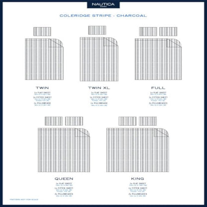 Nautica - Full Sheets, Cotton Percale Bedding Set, Casual Home Decor, Dorm Room Essentials (Coleridge Stripe Charcoal, Full)