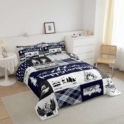 Camping Adventure Comforter Set King Size,RV Camper Accessories for Travel Trailers Bedding Set All Season Quilt Set,Rustic Blue Plaid Boho Aztec Exotic Microfiber Polyester Down Comforter