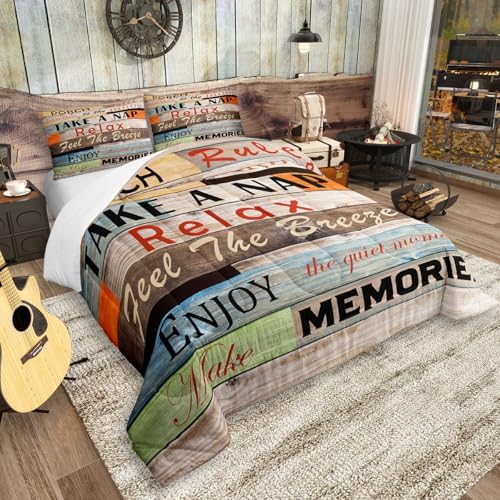 Farmhouse Style Comforter Set Full Size Porch Rules Quotes Bedding Set 3pcs Kids Boys Women Men Cabin Home Decor Rustic Country Wooden Board Quilted Duvet Brown Retro Bedspread,2 Pillowcases