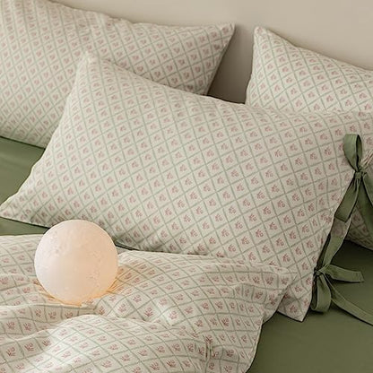 LifeTB Pink Floral Comforter Set Queen Plaid Grid Cute Flower Comforter 3 Pieces Cottagecore Bedding Comforter Aesthetic Flowers Boho Comforter with 2 Bowknot Pillowcases Farmhouse Bedding Set