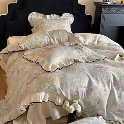 VM VOUGEMARKET Muslin Cotton Duvet Cover Queen Chic Floral Duvet Cover with Romantic Ruffles Soft Linen Like Gauze Comforter Cover with Zip Closure and Corner Ties- 90"x90"