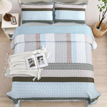 WONGS BEDDING Boho Quilt King Size, Patchwork Bedding Set, Blue Brown