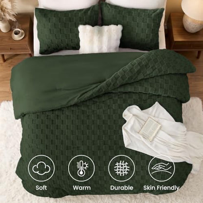 Love's cabin Fleece King Comforter Set, Fluffy & Reversible, Dark Green
