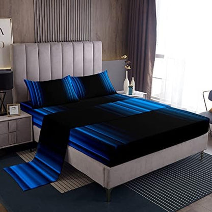 Feelyou Geometric Abstract Ombre Bed Sheets Kids Teens Blue and Black Striped Sheet Set Decor Modern Fashion Bed Set Bedroom Collection 4Pcs Full Size