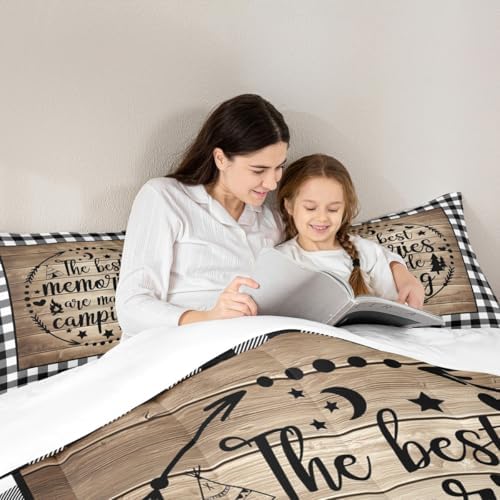 Happy Camping Comforter Set King Size,Camper RV Trailer Decor Bedding Set 3pcs for Kids Boys Girls Adults,Rustic Wooden Plank Geometric Grids Down Comforter,Brown Retro Duvet Insert,2 Pillowcases