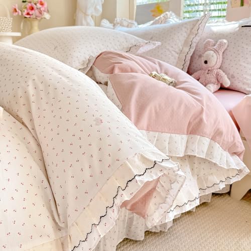 100% Cotton Cherry Print Duvet Cover Set Full, Aesthetic Cherry Elephant Pattern Comforter Cover with Ruffle Lace, Lightweight Soft Princess Lace Bedding Cottagecore Duvet Cover with 2 Pillowcases