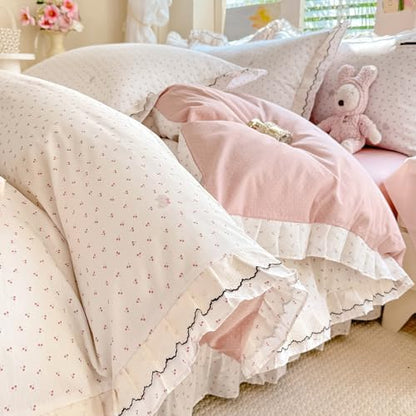 100% Cotton Cherry Print Duvet Cover Set Twin, Aesthetic Cherry Elephant Pattern Comforter Cover with Ruffle Lace, Lightweight Soft Princess Lace Bedding Cottagecore Duvet Cover with 2 Pillowcases