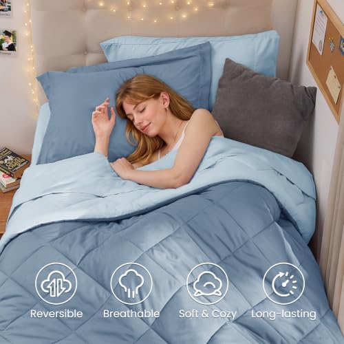 MUXHOMO 5 Pieces Twin XL Comforter Set, Reversible Bed in a Bag Twin XL Size, All Season Bedding Set with Comforter, Flat Sheet, Fitted Sheet, Pillowcases & Shams, Mineral Blue & Light Blue