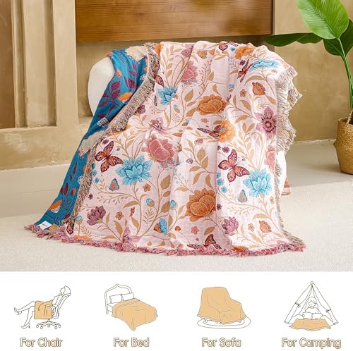 VANJOROY Boho Throw Blanket, 100% Organic Cotton Breathable Ultra Soft 50" x 60" Bed Quilt Throw - All Season Floral Rustic Farmhouse Decor Luxury Reversible Blanket for Sofa Couch Chair and Gift