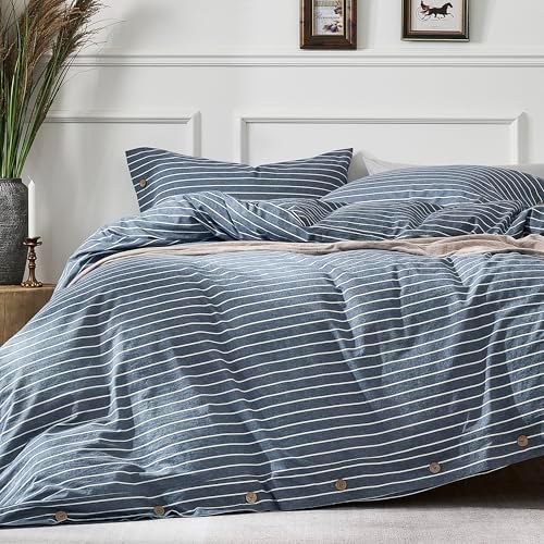 JELLYMONI 100% Washed Cotton Striped Duvet Cover Set Cal King, Linen-Like