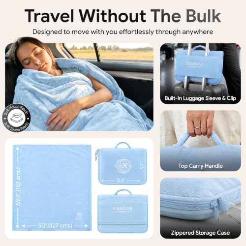 2-in-1 Travel Blanket and Pillow – Lightweight, Compact, Ultra Soft, Machine Washable – Handle, Luggage Sleeve, Backpack Clip – for Travel Airplane, Car, Office (Light blue)