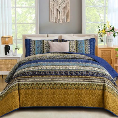 WONGS BEDDING Boho Quilt King Size,3 Pcs Bedspread Set, Blue Brown