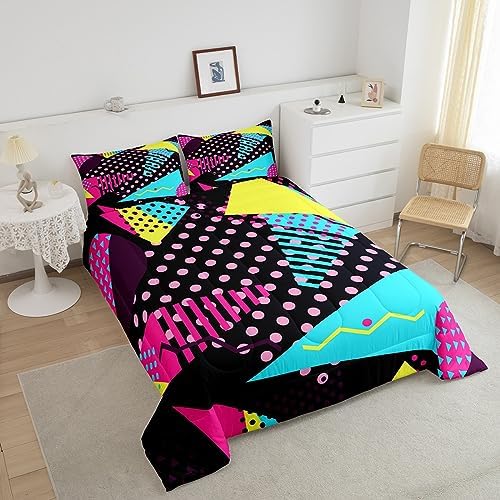 Manfei Memphis Comforter Set Full Size, Retro 80s or 90s Fashion Style Quilt Set with 2 Pillowcases, Geometric Triangle Circle Bedding Set 3pcs for Kids Boy Girls Lightweight Duvet Insert