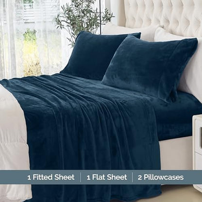 Elegant Comfort Luxuriously Soft 4-Piece Velvet Plush Flannel Sheet Set - Premium Quality - Cozy Warm, Anti-Static, Non Pilling Fuzzy Velvet Flannel Fleece Deep Pocket Sheet Set - Full, Navy