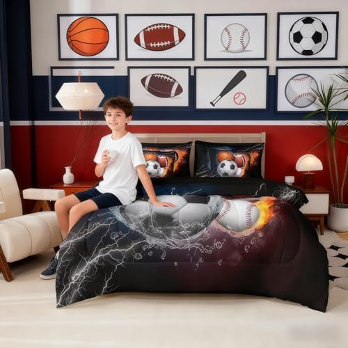 Erosebridal Football Bedding Set Twin Size 7 Pieces Kids Basketball Soccer Ball Pattern Bed Sets for Boys Girls Baseball Sports Theme Bed in A Bag with Comforter,Sheets,Pillowcases&Cushion Covers