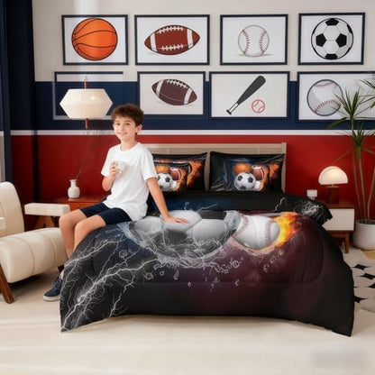 Erosebridal Football Bedding Set Twin Size 7 Pieces Kids Basketball Soccer Ball Pattern Bed Sets for Boys Girls Baseball Sports Theme Bed in A Bag with Comforter,Sheets,Pillowcases&Cushion Covers