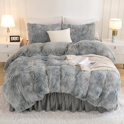 Andency Tie-Dyed Gray White Queen Comforter Set, Fluffy Faux Fur Bed Set