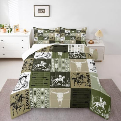 Manfei Cowboy Comforter Set Queen Size, Bull Skull Horse Arrow Quilt Set with 2 Pillowcases, Army Green Lattice Patchwork Bedding Set 3pcs for Kids Boys Bedroom Decor Western Duvet Insert