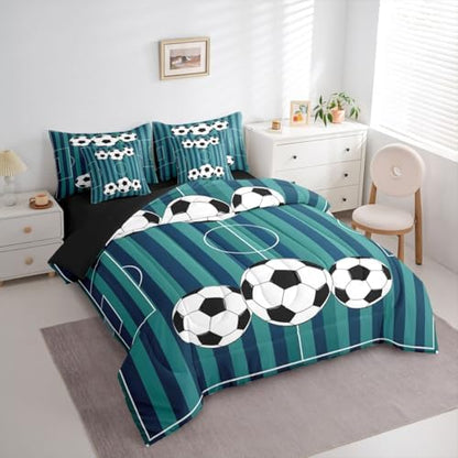 Erosebridal Sports Theme Soccer Blue Gaming Playground Boys King 7-Piece Comforter Set | Football Court Sheets and Pillowcases Striped Bed in A Bag Striped Bed Sets