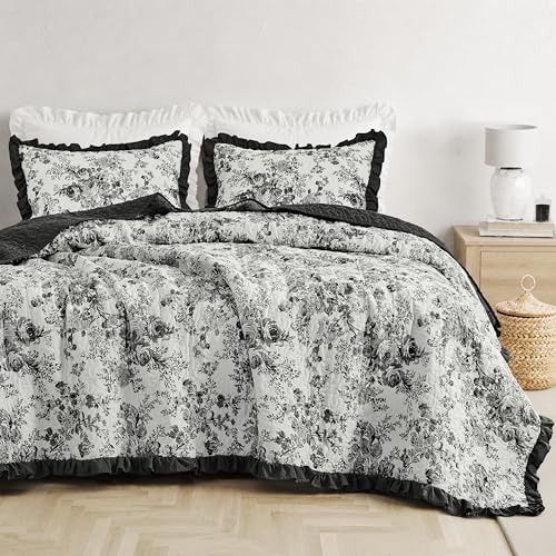 Wonderful Black Floral Cotton Quilt Set Queen Size, 3-Piece Shabby Chic French Country Bedding with Ruffle Fringe, Soft & Breathable Bedspread, All Season Coverlet for Bedroom Decor