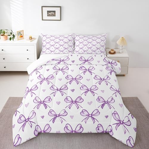 Purple Bow Girlish Comforter Set King Size,Bowknot Love Heart Cartoon Girly Bedding Set,Girls Women Room Decor,Bow Princess Style Romantic Down Comforter,Simple Chic Duvet Insert,2 Pillowcases