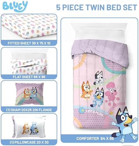 Bluey Bingo Twin Comforter Set 5 Piece Kids Bedding for Girls, Pink