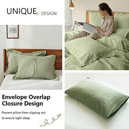 Simple&Opulence 100% Washed Linen Duvet Cover Set 5pcs(1 Duvet Cover& 2 Shams& 2 Pillowcases) Basic Style Natural French Flax Soft Breathable Farmhouse Bedding (King, Sage Green)