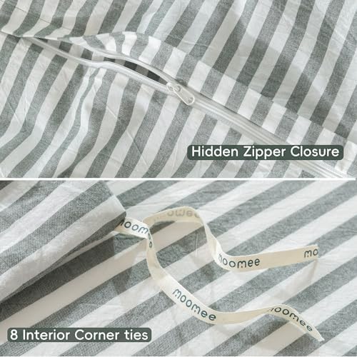 MooMee Striped Duvet Cover Set 100% Washed Cotton Linen Like Queen