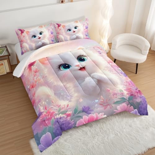 Kids Pink Cats Bedding Set Twin Size with 2 Pillowcases.