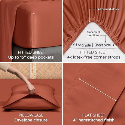 Bambaw 100% Viscose Derived from Bamboo Twin Sheets Sets – 4-Piece Twin Bed Sheets Set, Cooling, Soft & Breathable, Helps Reduce Night Sweats, Lightweight & Comfortable (Terracotta)
