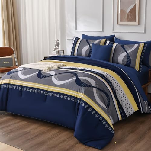 Anibedding Navy Blue Comforter Set King Size,8 Pieces Striped Bed in a Bag