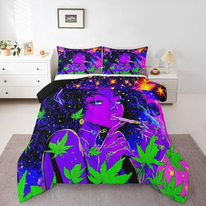 Smoke Cool Girls Comforter Set Queen Size for Teens Adult,Marijuana Leaf Bedding Sets 3Pcs Boys Woman Room Decor,African Girl Americans Down Comforter Trippy Hippie Style Quilted Duvet,2 Pillowcases