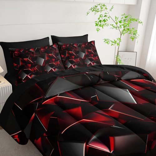 Nttopship Red and Black Geometric Comforter Set Full Size 7PCS,Abstract Triangular Printed Bedding Set for Adults,Geometric Mordern Art Decor All Seasons with Pillowcases,Flat, Fitted Sheet