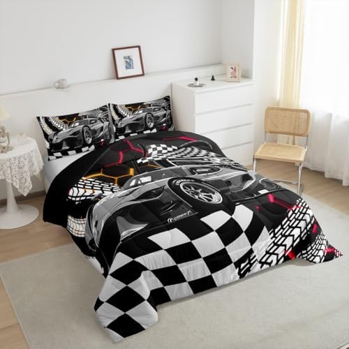 Toddler Race Car Bed,Red Orange Neon Lights Honeycomb Bedding Set Cool Sports Car Glitter Beehive Geometric Hexagon Twin Comforter Set for Boys,Black White Grid Lattice Quilt Buffalo Plaid Decor