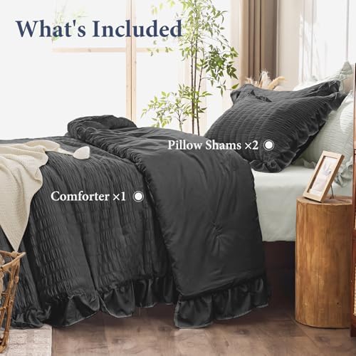 JOLLYVOGUE Oversized King Comforter Set, 3 Pieces Black Seersucker Comforters, Lightweight & Fluffy Bedding Sets for All Season with 1 Ruffle Comforter and 2 Ruffle Pillowshams