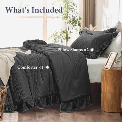 JOLLYVOGUE Oversized King Comforter Set, 3 Pieces Black Seersucker Comforters, Lightweight & Fluffy Bedding Sets for All Season with 1 Ruffle Comforter and 2 Ruffle Pillowshams