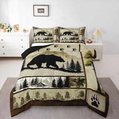 Erosebridal Black Bear Comforter Set King Size Wild Animal Bear Deer Print Bedding for Boys Girls Men Hunting Themed Bedding Comforter Sets Grids Patchwork Decor Duvet Insert Western Farmstyle Quilt