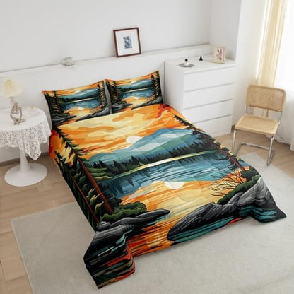 Sunset Comforter Set King Size,Lake House Fishing Camping Bedding Set for Kids Teens Adults Room Decor,Retro Rustic Style Quilt Set,Mountain River Nature Scenery Duvet Insert 3Pcs,2 Pillowcases
