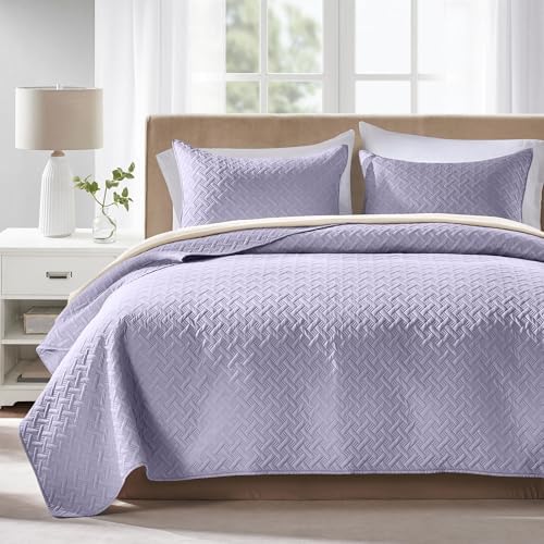 FLYMME Quilts Queen Size,Lightweight Lavender Bedspreads,Basket Weave Pattern,Ultra Soft Microfiber Bed Coverlet 3 Pieces for All-Seasons (1 Quilt,2 Shams)