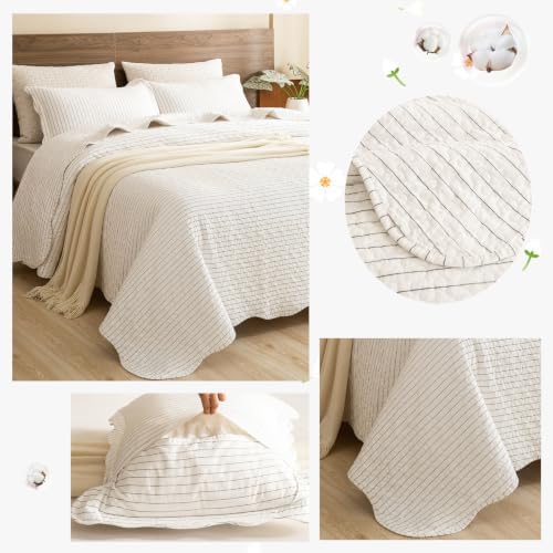 Lady Ann 100% Cotton King Quilt, Dark Grey White Classic Striped Pattern Quilted King Bedding Set, 3 Pcs Lightweight Coverlet Ultra Soft Bedspread Set for All Season