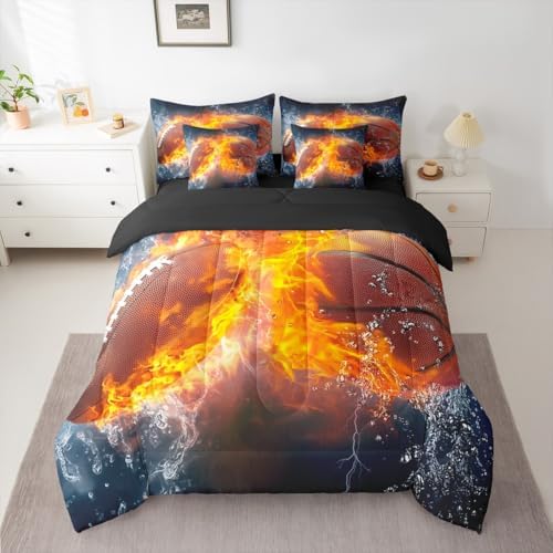 Erosebridal Rugby Football Basketball Themed Comforter 7Pcs - 3D Gaming Sport Bedding Set for Kid Teen Girl Boy Adult Balls Sports Games Ice and Fire Ball Pattern Bed in A Bag King Size