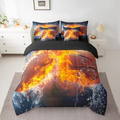 Erosebridal Rugby Football Basketball Themed Comforter 7Pcs - 3D Gaming Sport Bedding Set for Kid Teen Girl Boy Adult Balls Sports Games Ice and Fire Ball Pattern Bed in A Bag King Size