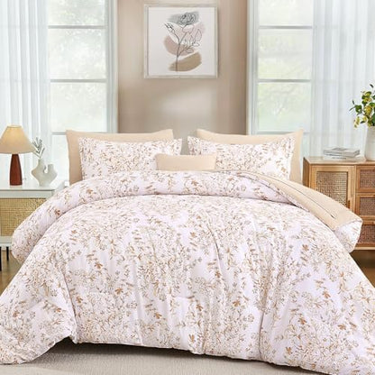 WONGS BEDDING King Size Comforter Set, 8 Pieces Autumn Leaf Floral Bed in a Bag Comforter Sets, Botanical Print Soft Fluffy Microfiber Complete Bedding Sets for All Season (90"x104")