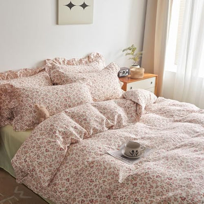 Pink Flower Duvet Cover Set Twin XL 100% Cotton Cute Floral Duvet Cover with Ruffle Pillowcases Girls Cottagecore Bedding Set Aesthetic Garden Style Flower Blooming Comforter Cover with Zipper Closure