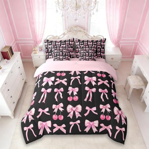 Pink Cherry Bow Bed in a Bag Queen Comforter Set 7 Piece, Cute Silk Ribbon Bowknot Bedding Sets Princess Bow Tie Comforter and Sheet Set, Dreamy Kawaii Room Decor,Girly Hot Pink and Black Room Decor