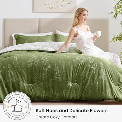 Love's cabin Olive Green Queen Comforter Set - Queen Size Comforter Set, 3 Pieces Cute Floral Bedding Sets for All Seasons,1 Soft Reversible Botanical Flowers Comforter and 2 Pillow Shams