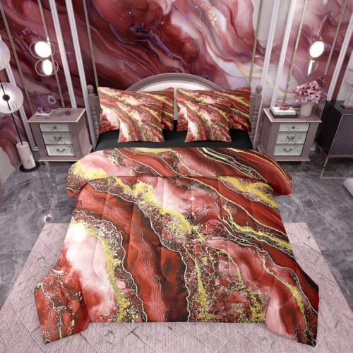 Erosebridal Red Golden Tie Dye Comforter Set King Size,Marble Texture Bedding Set for Kids Teens,Ink Fluid Art (Comforter+Fitted+Flat Sheet+2 Pillowcases+2 Throw Pillow Covers) 7 Pieces Bed Set